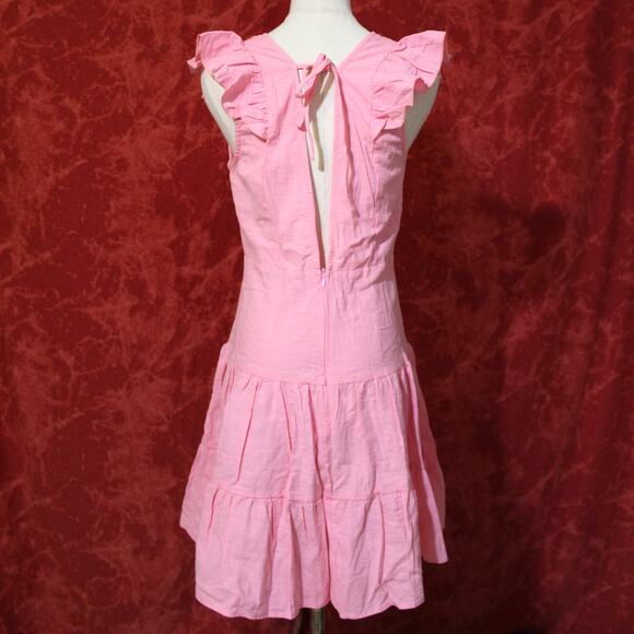 Double Crazy Pink Ruffle Lace Trim V-Neck Tiered Romantic Cottagecore Midi Dress - Picture 2 of 3